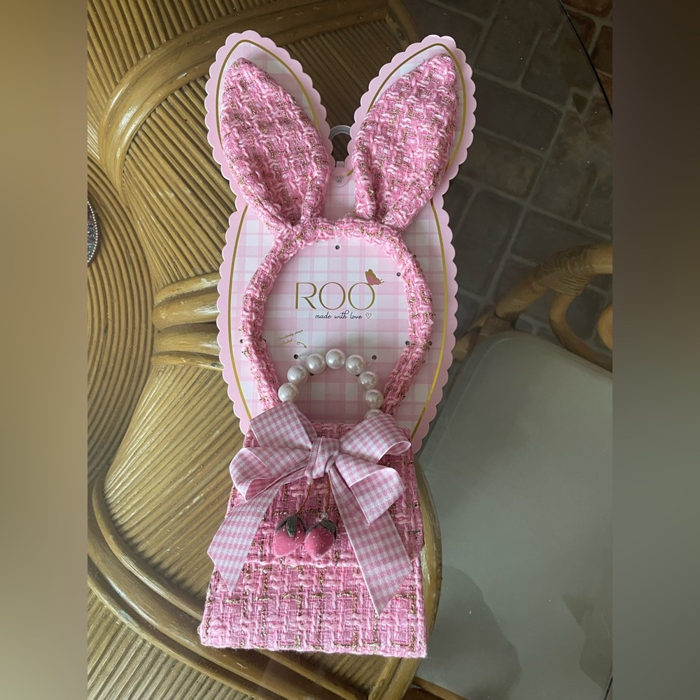 Kids Pink Tweed Easter Bunny Ears Headband & Handbag Pearl Strap Set NWT